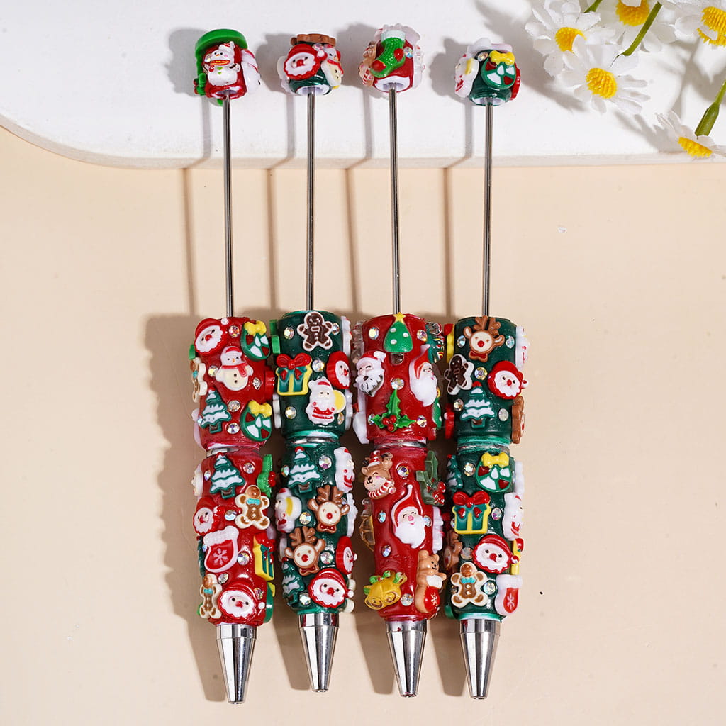 Beadable Clay Pens with Christmas Ornaments and AB Rhinestones, Red and Green