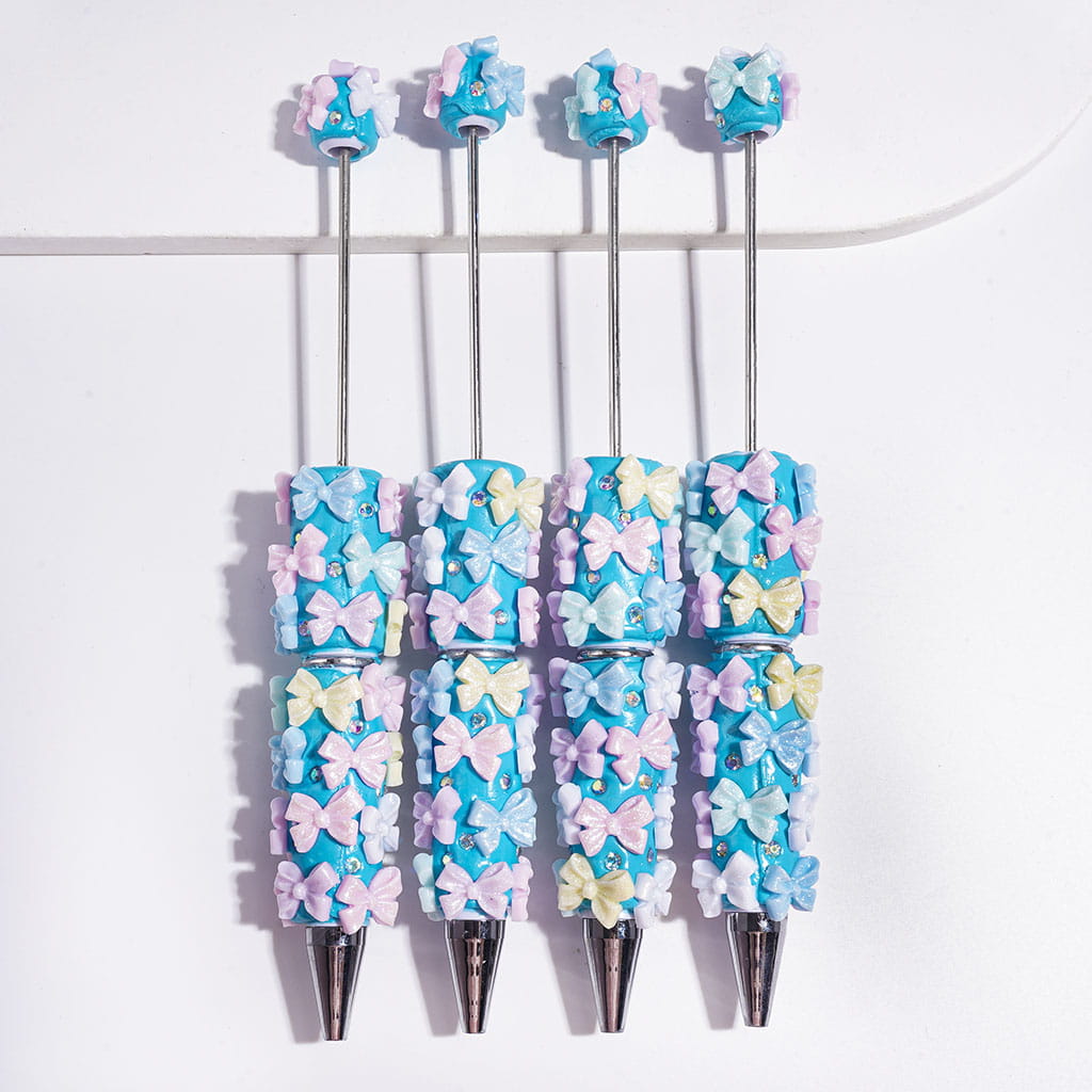 Glitter Bowknot Design with Sparkling AB Rhinestones on Blue Background Beadable Clay Pens