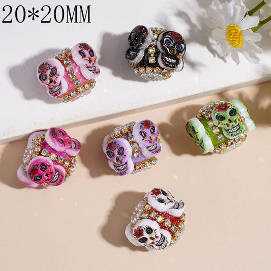 Halloween Skull Head in Day of the Dead Handmade Acrylic Beads with White Pearl Chains & AB Rhinestones, 20*20MM, Multi Colors Random Mix