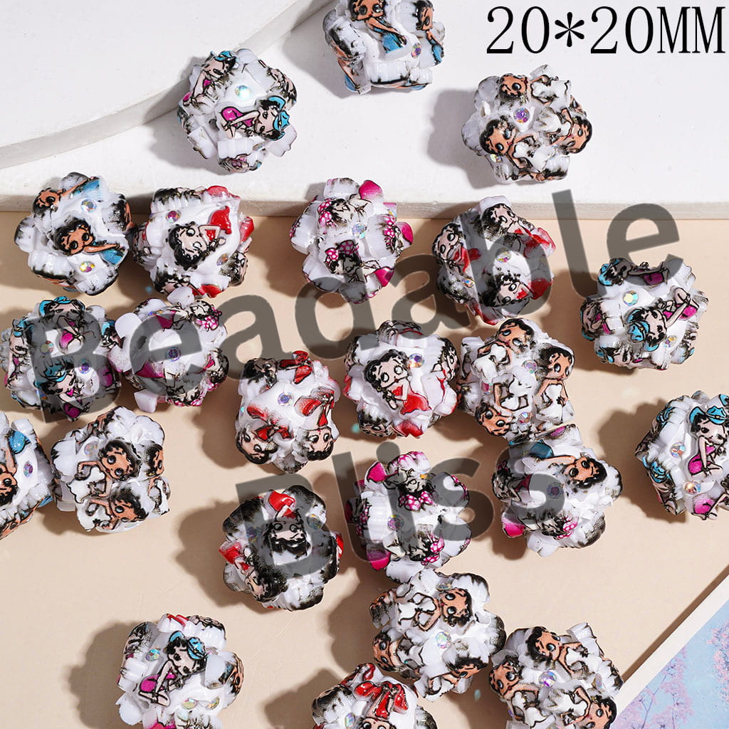 Clay Beads w Various Dress Old Girl Character and AB Rhinestones, 20*20MM Romdom Mix