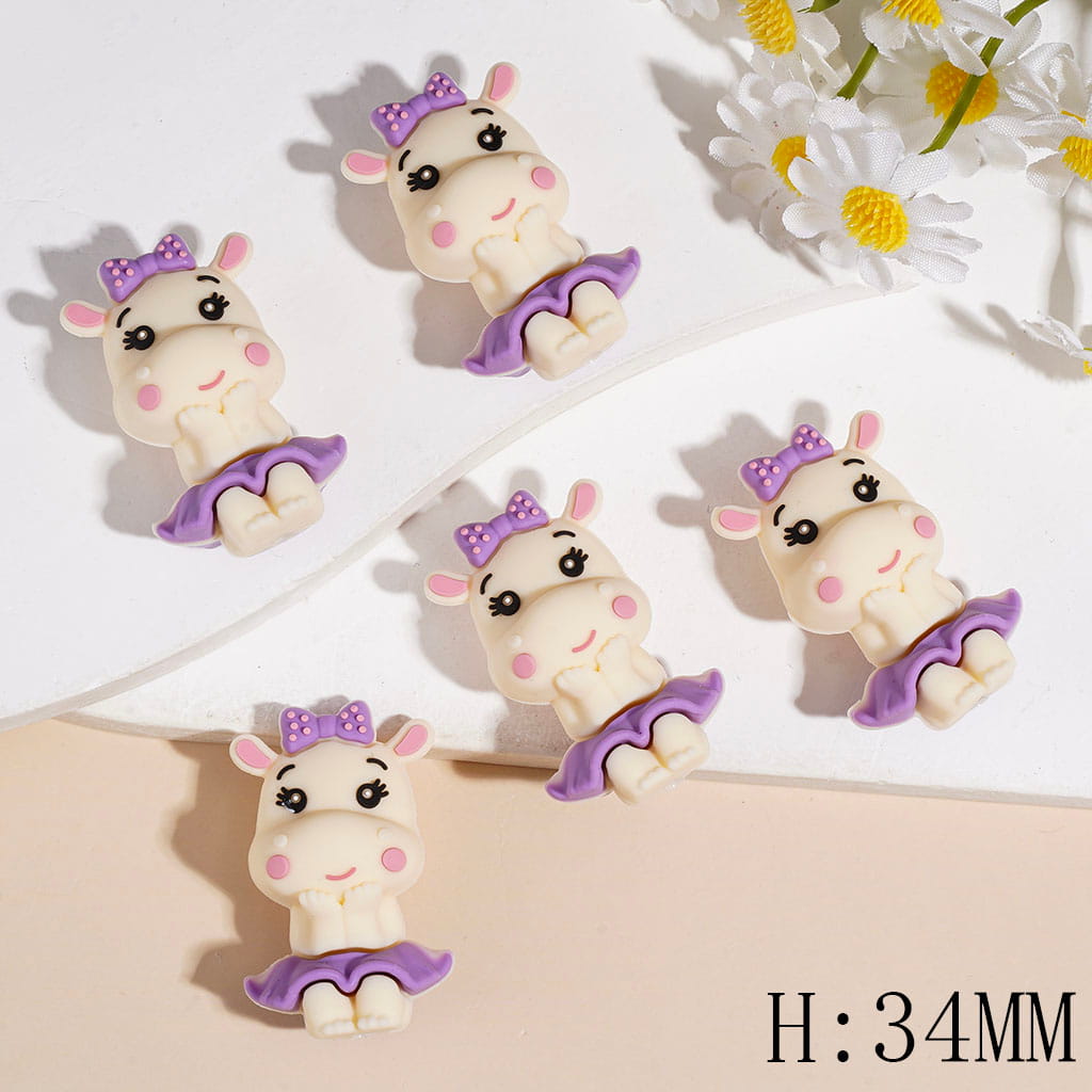 3D Cute Hippopotamus with Purple Bow and Dress Silicone Focal Beads, Height 34MM