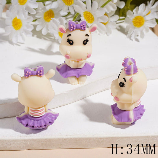 Cute Sitting Cow Character with Purple Bow & Dress, Food-Grade Silicone Focal Beads, 34MM, Assorted Colors, Random Mix