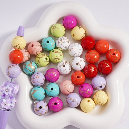 UV Coating Gold Stripes in Solid Color Round Acrylic Beads 16MM (Single Color Available in 200pcs Whole Bag Only)