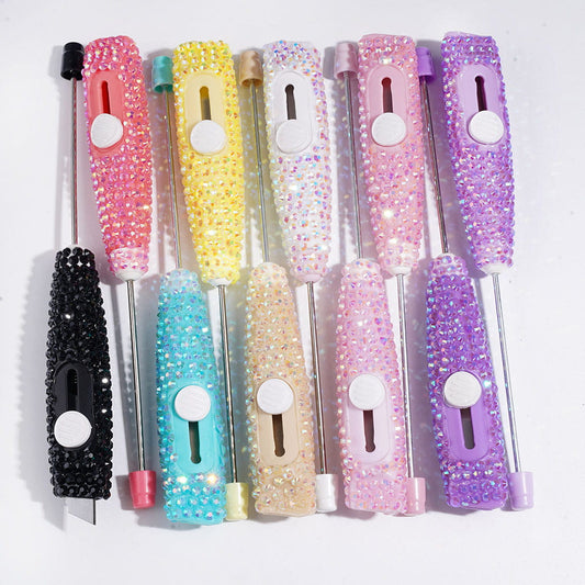 Beadable Mini utility knives with Sparkling Rhinestone | DIY Beadable Plastic Unboxing Tool for Express Package Box Carton Opener Cutter Cleaver, 148MM Length, Multi-Color