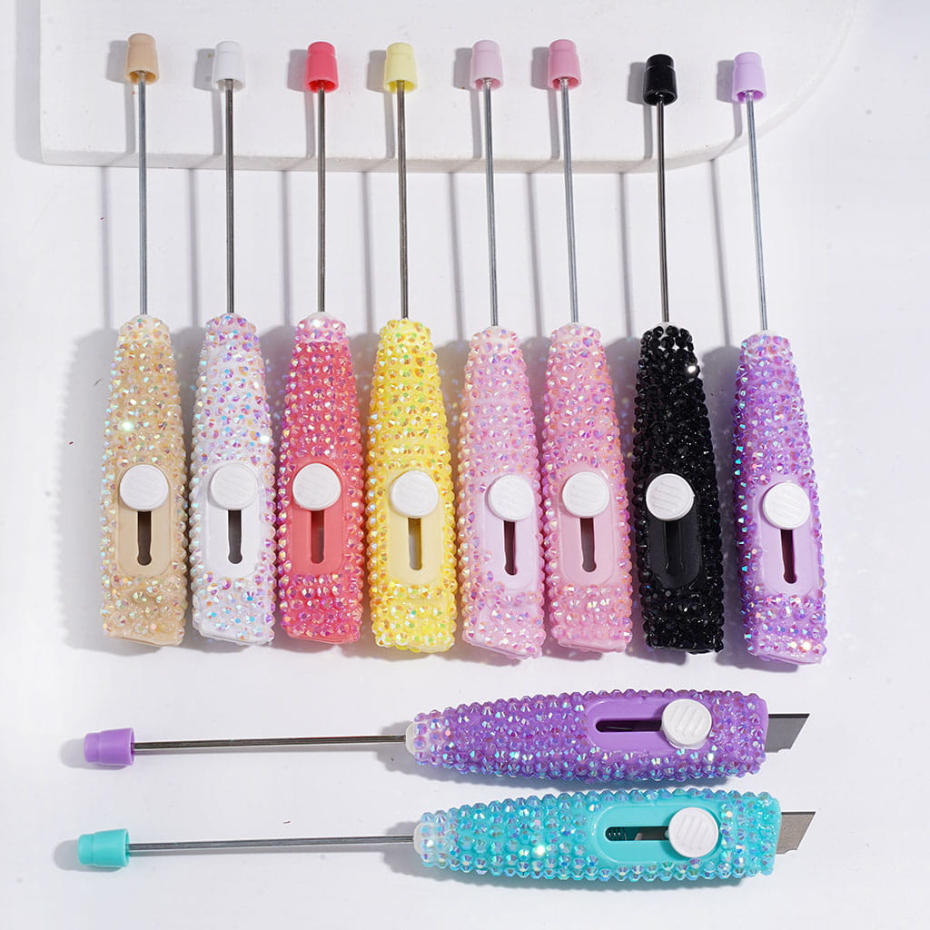 Beadable Mini utility knives with Sparkling Rhinestone | DIY Beadable Plastic Unboxing Tool for Express Package Box Carton Opener Cutter Cleaver, 148MM Length, Multi-Color