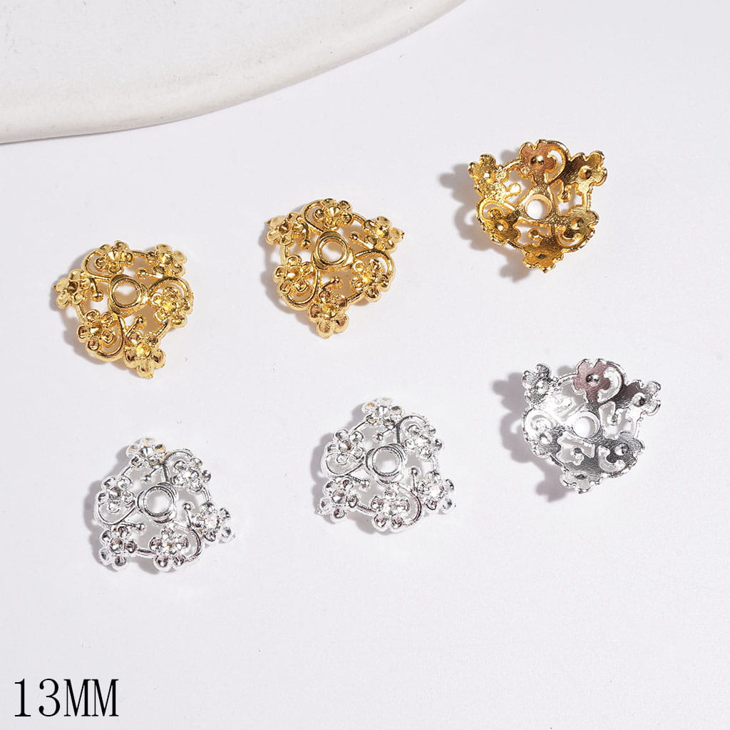 Elegant Five-Petal Flower Design Alloy Bead Cap Cages, Gold and Silver, 13MM (They Fit 14MM Beads)