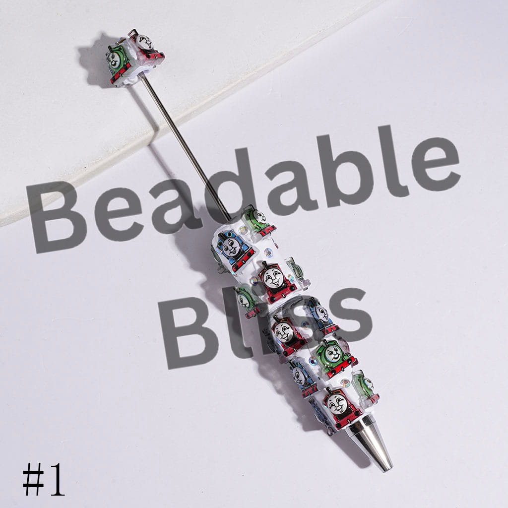 Beadable Clay Pens with Cartoon Little Train Character Theme and AB Rhinestones, Multi-Color