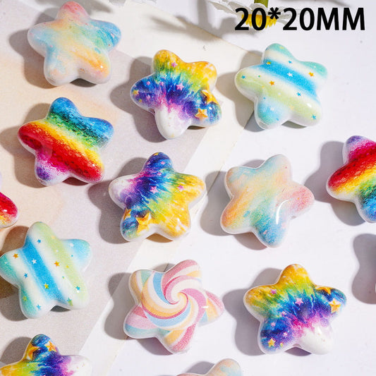 UV Coated Rainbow Dreamy Five-Pointed Star Shape Acrylic Beads, 20*20MM, Rainbow & Candy Designs, Random Mix
