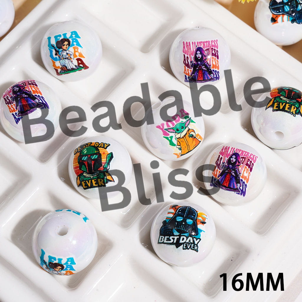UV Coating Space Saga Character Series Printed Acrylic Beads for Bracelets, 16MM, Random Mix