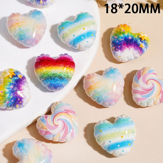 Wavy-Edge Rainbow Printed Heart Shape Acrylic Beads, 18×20MM, Random Mix