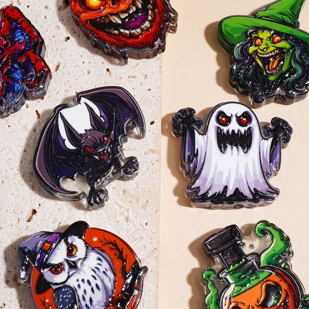 Halloween Ghost Pumpkin Bat Owl Witch Mutant Spider Acrylic Beads, Semi-Clear, Random Mix