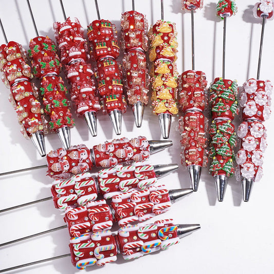 Festive Christmas Character Series Snow Bells, Trees, Santa Claus, Gingerbread, Candy Cane, Gift Box & Sock Candle with Sparkling AB Rhinestones Red Base Beadable Clay Pens