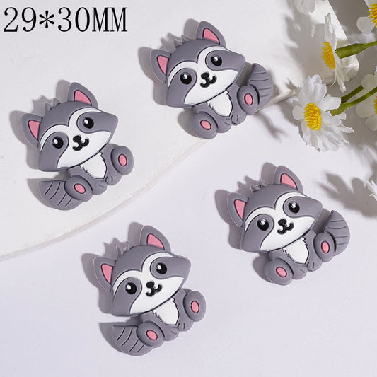 Cute Sitting Raccoon Character, Food-Grade Gray & White Silicone Focal Beads, 29*30MM