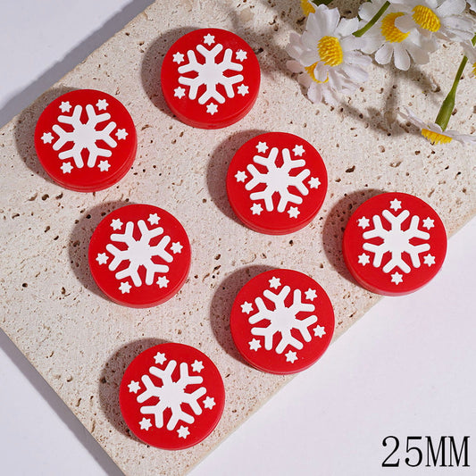 Christmas White Snowflake on Red Background, Flat Round Shape Silicone Focal Beads 25MM