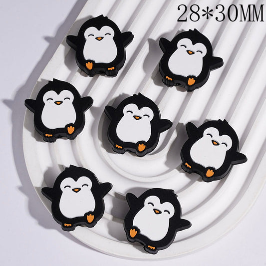Cute Black & White Happy Cartoon Penguin Character, Silicone Focal Beads, 28*30MM