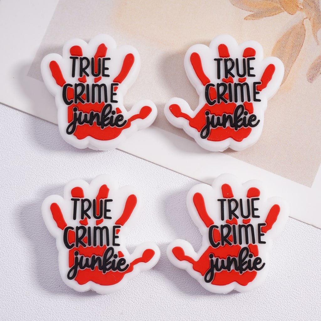 Bloody Red Handprints With Text True Crime Junkie Silicone Focal Beads