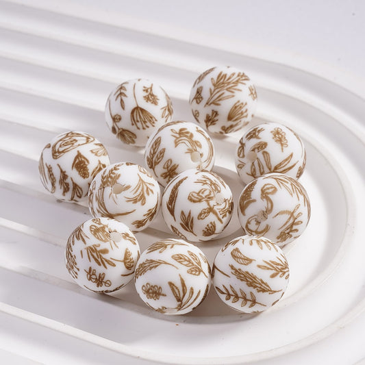 Brown Flower Printed White Round Silicone Beads 15mm Z-00298