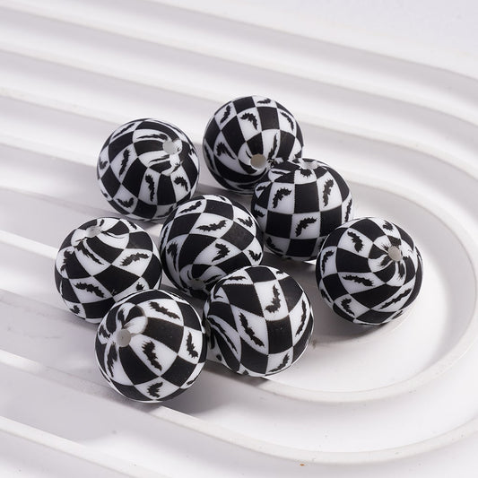 Halloween Black & White Bat Checkered Silicone Beads 15mm Z-00299