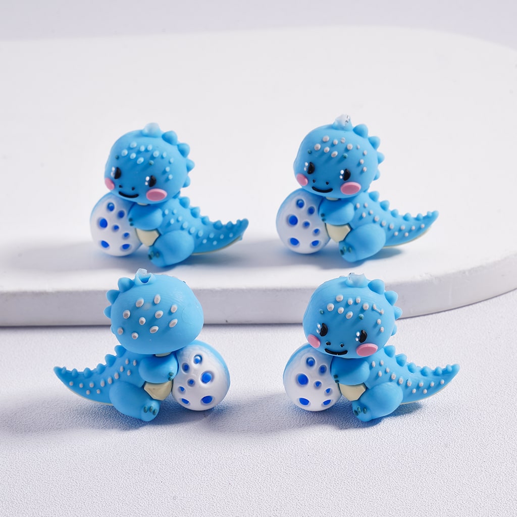 3D Cute Blue and Pink Dinosaur Holding Egg Silicone Focal Beads Random Mix