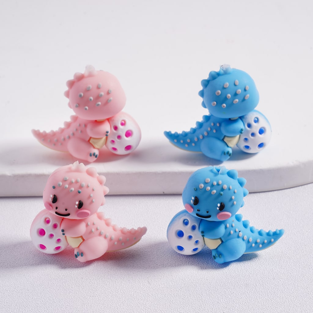 3D Cute Blue and Pink Dinosaur Holding Egg Silicone Focal Beads Random Mix