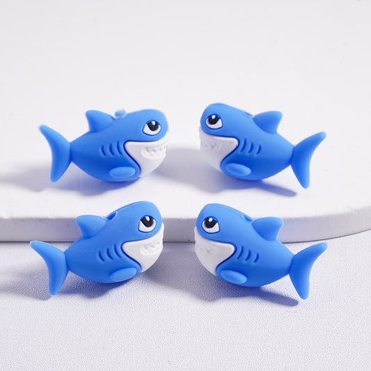 3D White and Blue Shark Fish Design Silicone Focal Beads