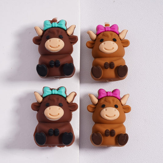 3D Cute Cow with Pink & Teal Bowknot Silicone Focal Beads