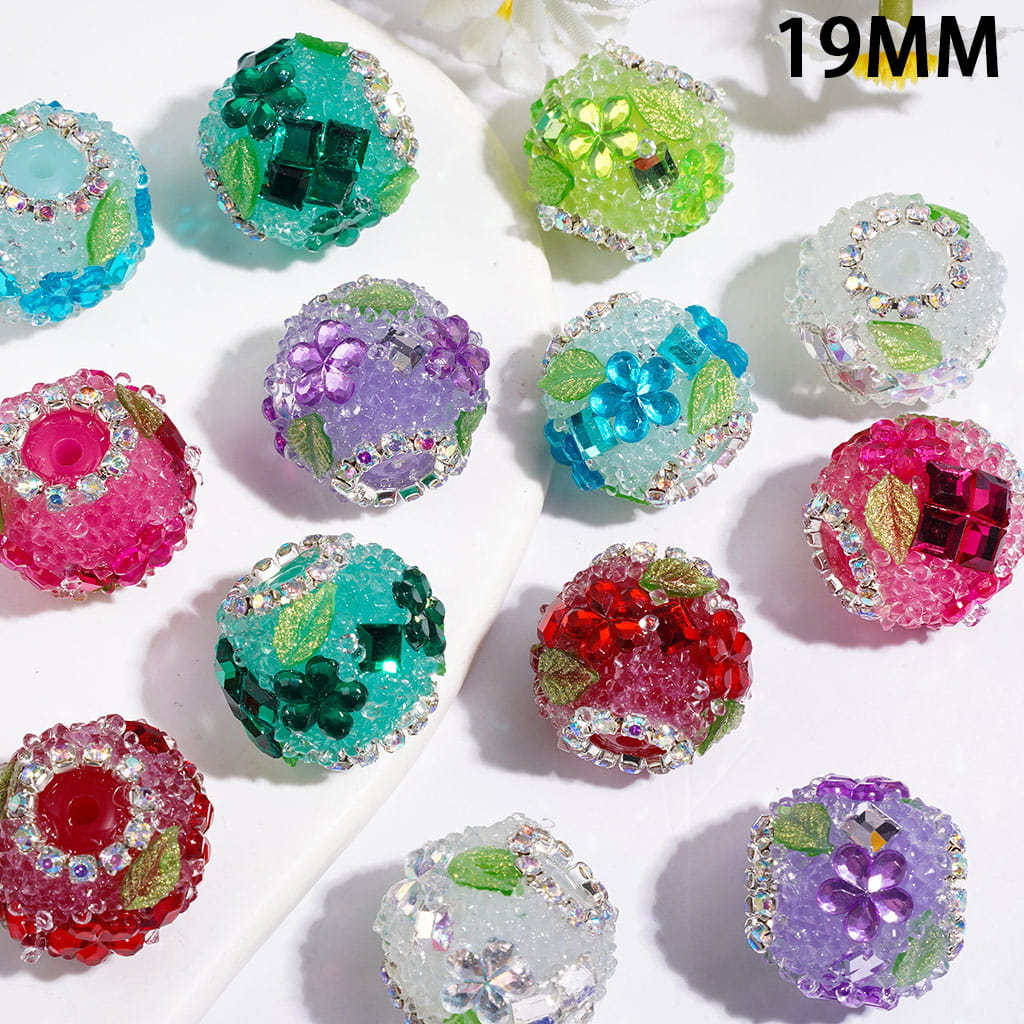 Hand-Made Acrylic Sugar Beads with Five-Petaled Flower Green Leaf, Cone Shaped Clear & Square Rhinestone, AB Rhinestone Chains, 19MM Multi-Color