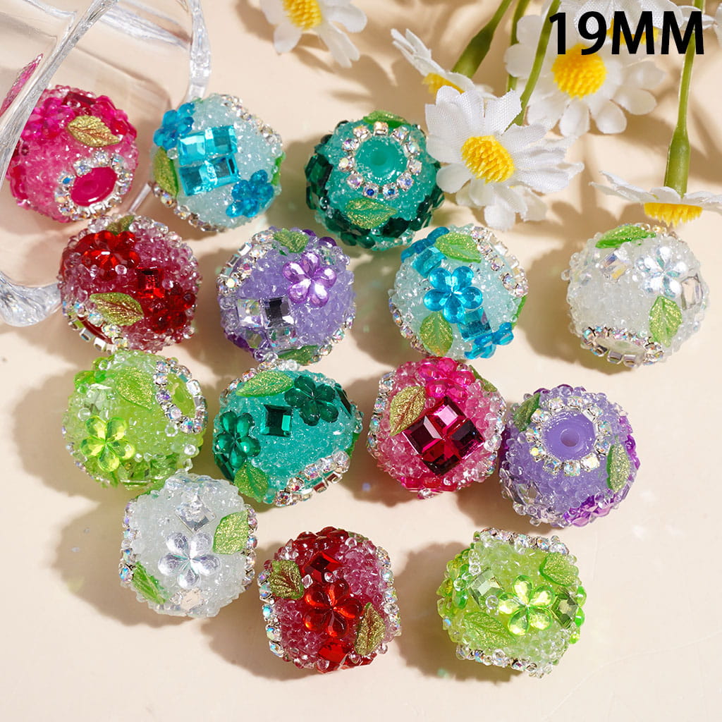 Hand-Made Acrylic Sugar Beads with Five-Petaled Flower Green Leaf, Cone Shaped Clear & Square Rhinestone, AB Rhinestone Chains, 19MM Multi-Color