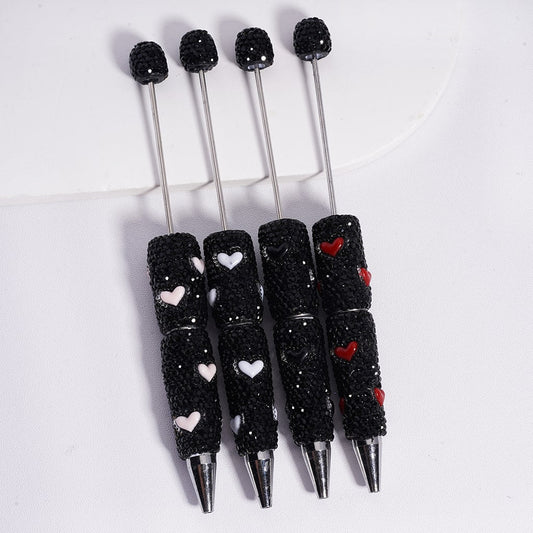 Black Beadable Clay Pens with Black Rhinestones & Cute Colorful Heart Designs