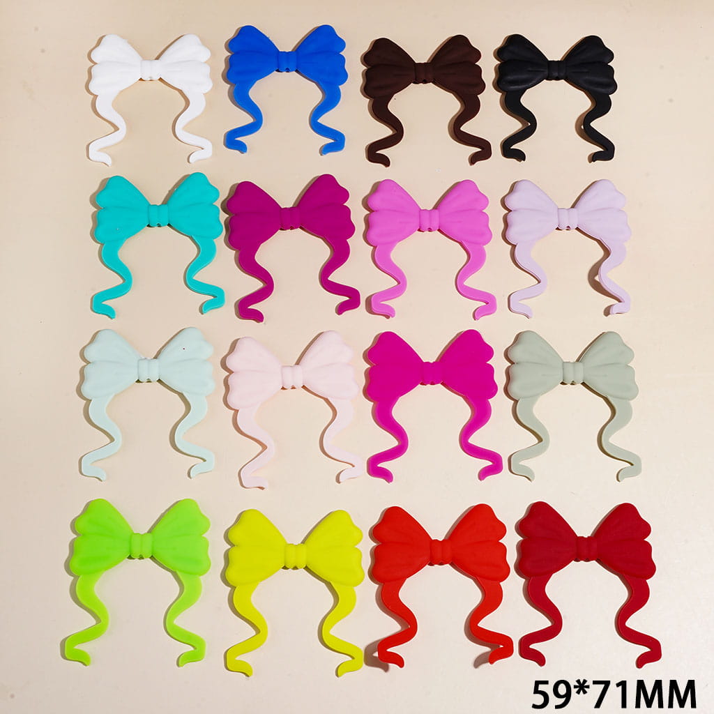 Silicone Focal Beads Bowtie Bowknot with Long Ribbon, Neon Colors, 59*71MM Random Mix
