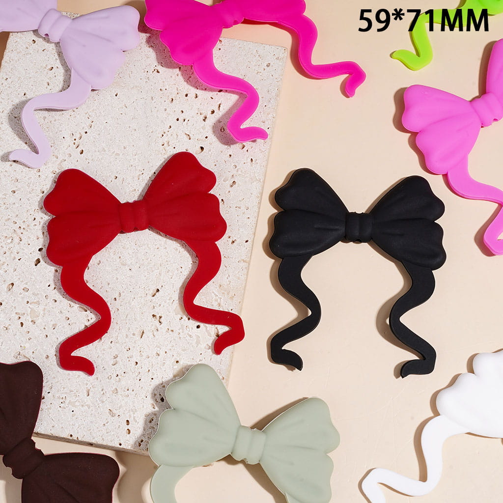 Silicone Focal Beads Bowtie Bowknot with Long Ribbon, Neon Colors, 59*71MM Random Mix