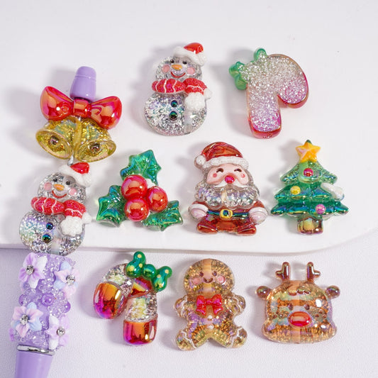 Santa, Snowman, Elk & More with Silver Sparkle, Christmas Snowman Elk Candy Cane Tree Bell Gingerbread Man Winter Wonderland Acrylic Beads Random Mix