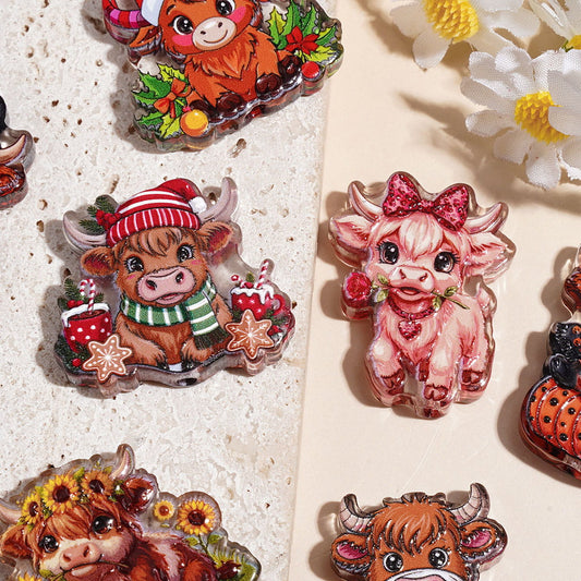 Cute Highland Cow Acrylic Beads, Christmas, Halloween, Fall & Sunflower Theme, Assorted Designs, Random Mix