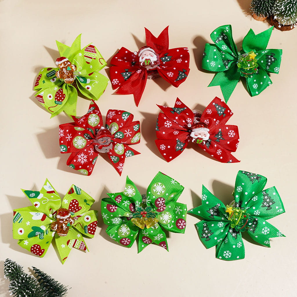 Christmas Ribbon Bowtie Acrylic Beads, UV Coated Bow Santa Gingerbread Tree Bell Snowman, AB Rhinestones & White Pearl Chains, Multi-Color Random Mix