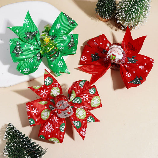 Christmas Printed Ribbon Bow Hair Clips with Santa, Christmas Tree & Gingerbread Acrylic Beads, AB Rhinestones & White Pearl Chains, Assorted Designs, Random Mix