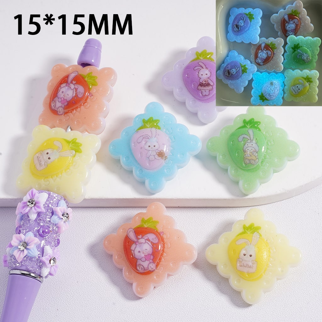 Luminous Flat Wavy Square Cute Bunny Rabbit Strawberry Print Multi-Color Acrylic Beads 15mm