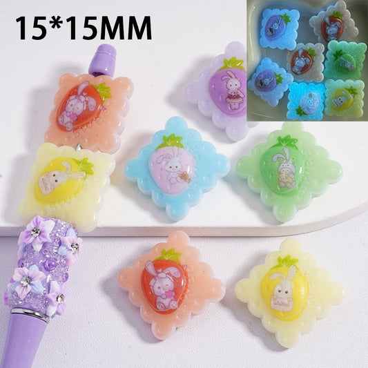 Luminous Flat Wavy Square Cute Bunny Rabbit Strawberry Print Multi-Color Acrylic Beads 15mm