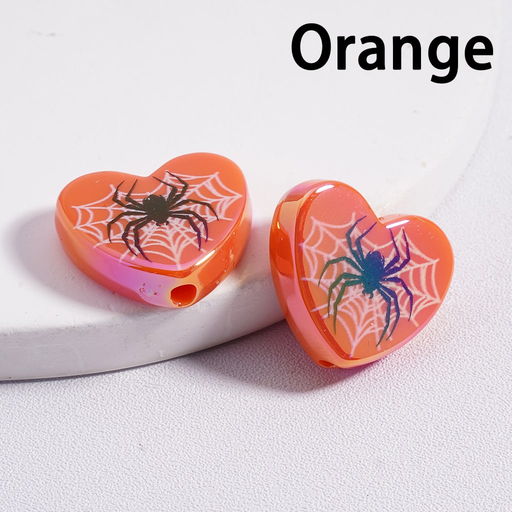 UV Coated Heart Shaped Acrylic Beads with Prin Spider Web Halloween Special Theme 18*20MM, (Single Color is available for 300pcs(Whole Bag) Only)