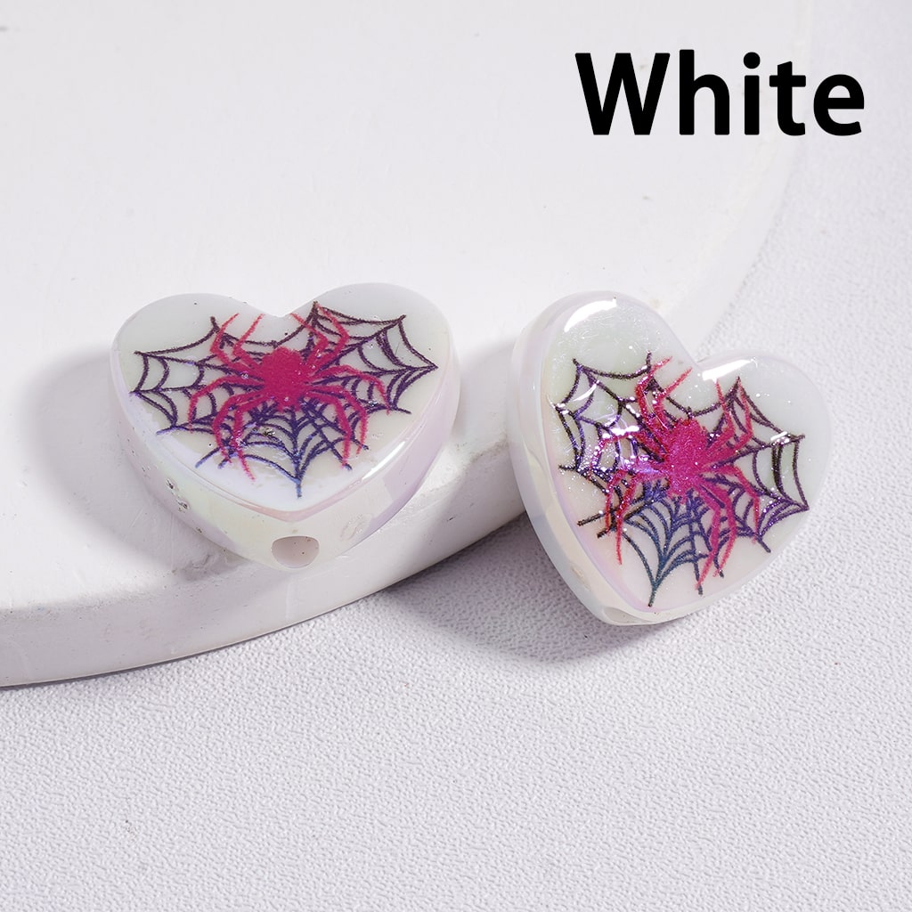 UV Coated Heart Shaped Acrylic Beads with Prin Spider Web Halloween Special Theme 18*20MM, (Single Color is available for 300pcs(Whole Bag) Only)