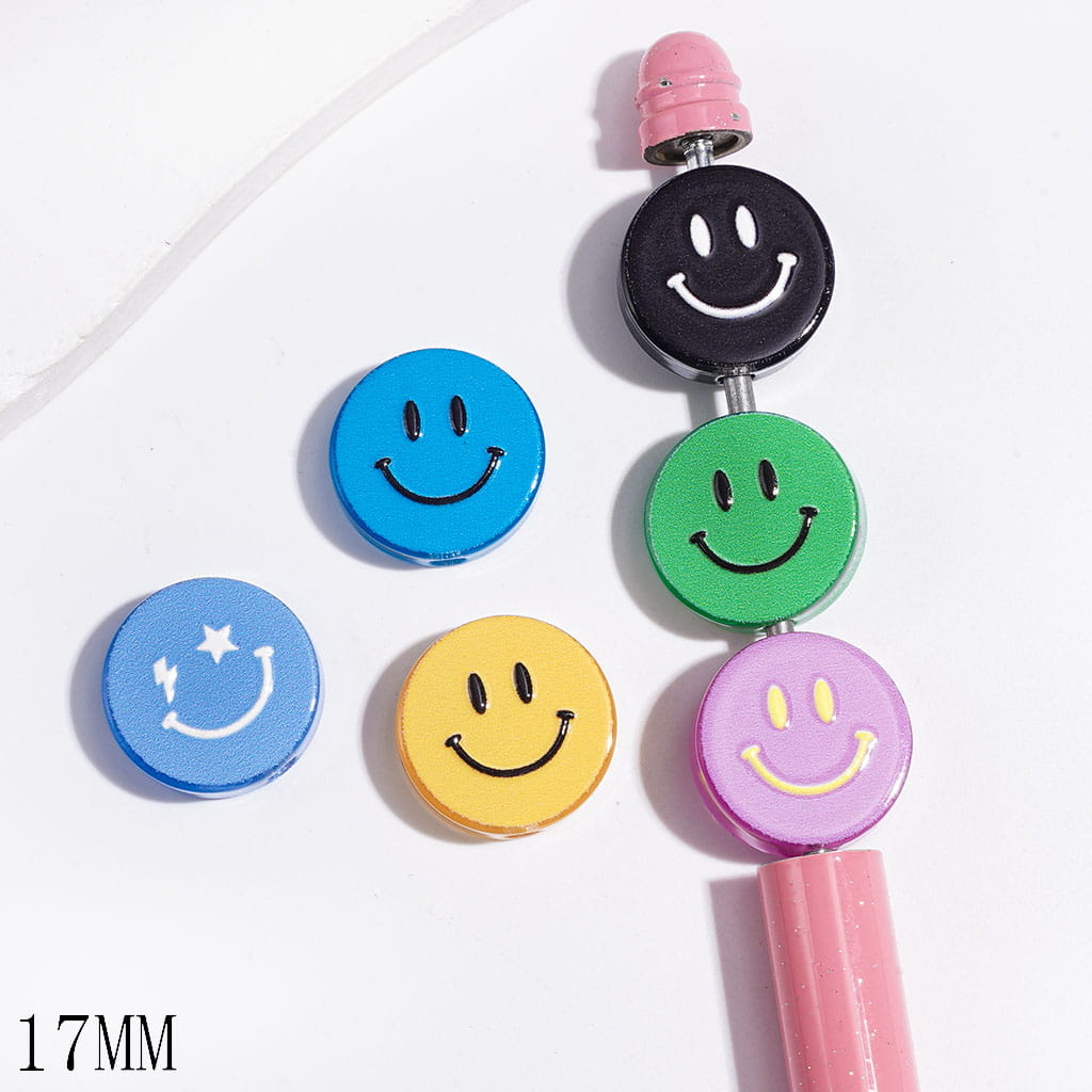 Cheerful Smiling Face Design Semi-Clear Flat Round Acrylic Beads in Assorted Colors, 17MM, Random Mix