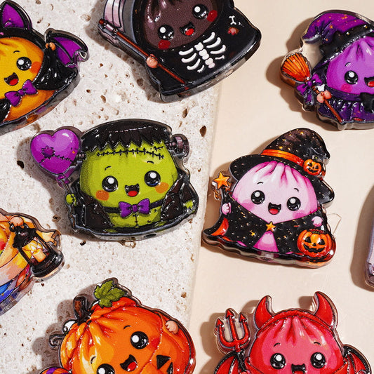 Cute Halloween Pumpkin, Witch, Devil & Ghost Dumpling Character Series Acrylic Beads, Assorted Shapes, Random Mix