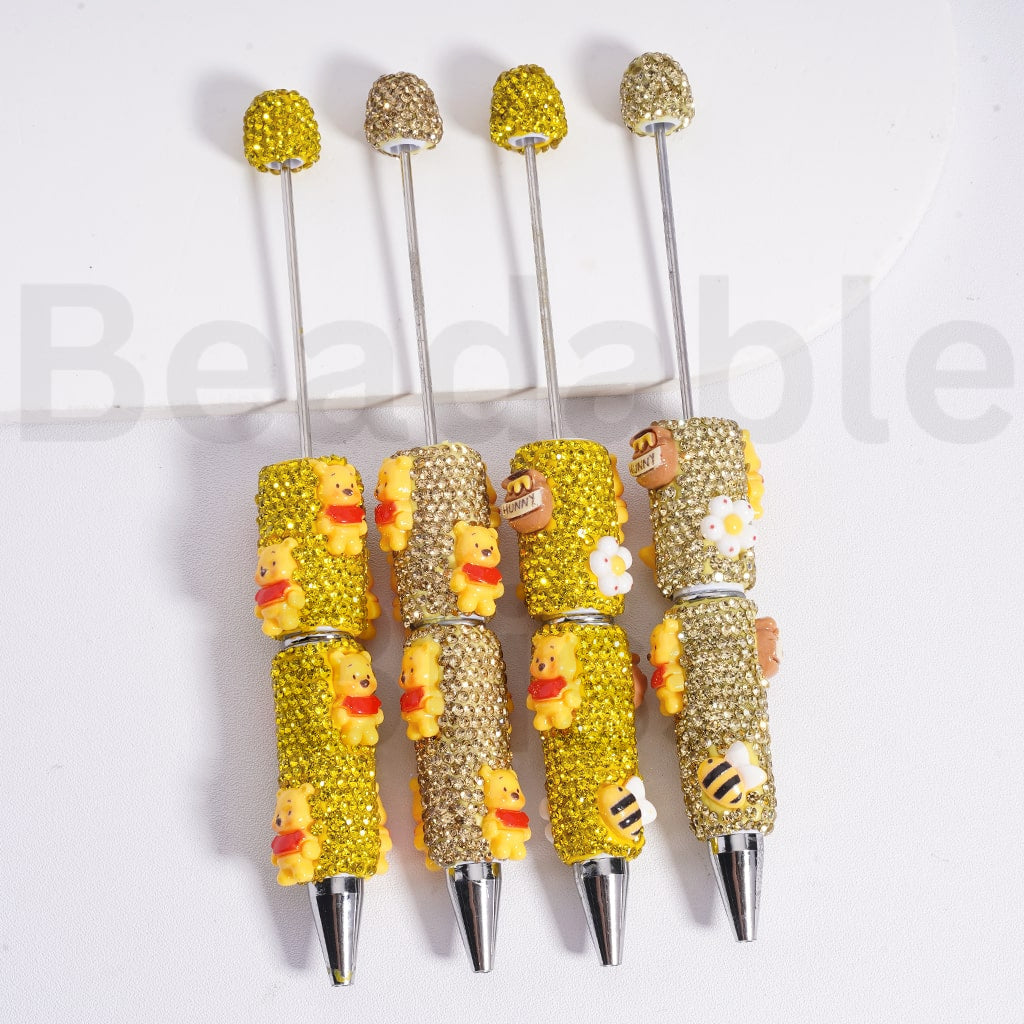 Beadable Clay Pens with Shiny Gold & Champagne Color Rhinestones Cute Honey Bear Bee Hunny Pot Flower