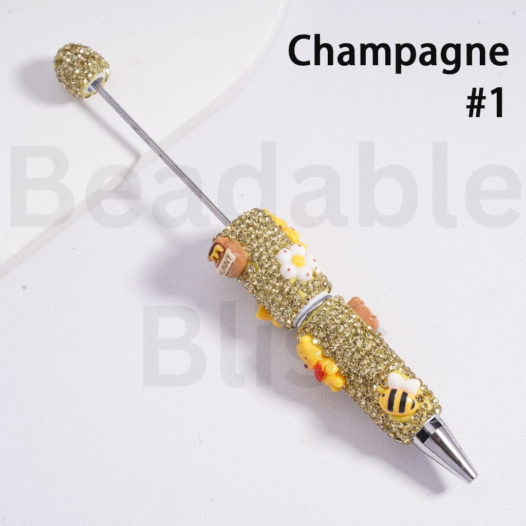 Beadable Clay Pens with Shiny Gold & Champagne Color Rhinestones Cute Honey Bear Bee Hunny Pot Flower