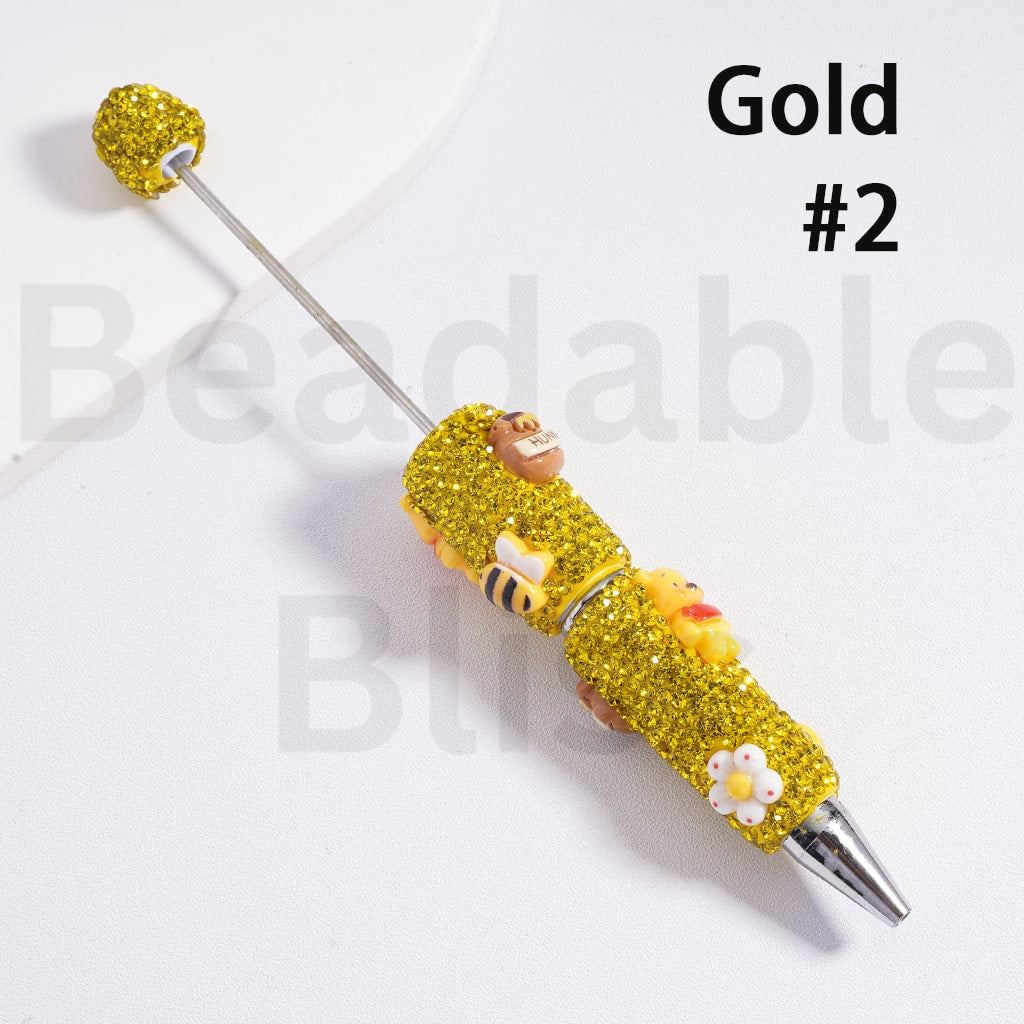 Beadable Clay Pens with Shiny Gold & Champagne Color Rhinestones Cute Honey Bear Bee Hunny Pot Flower