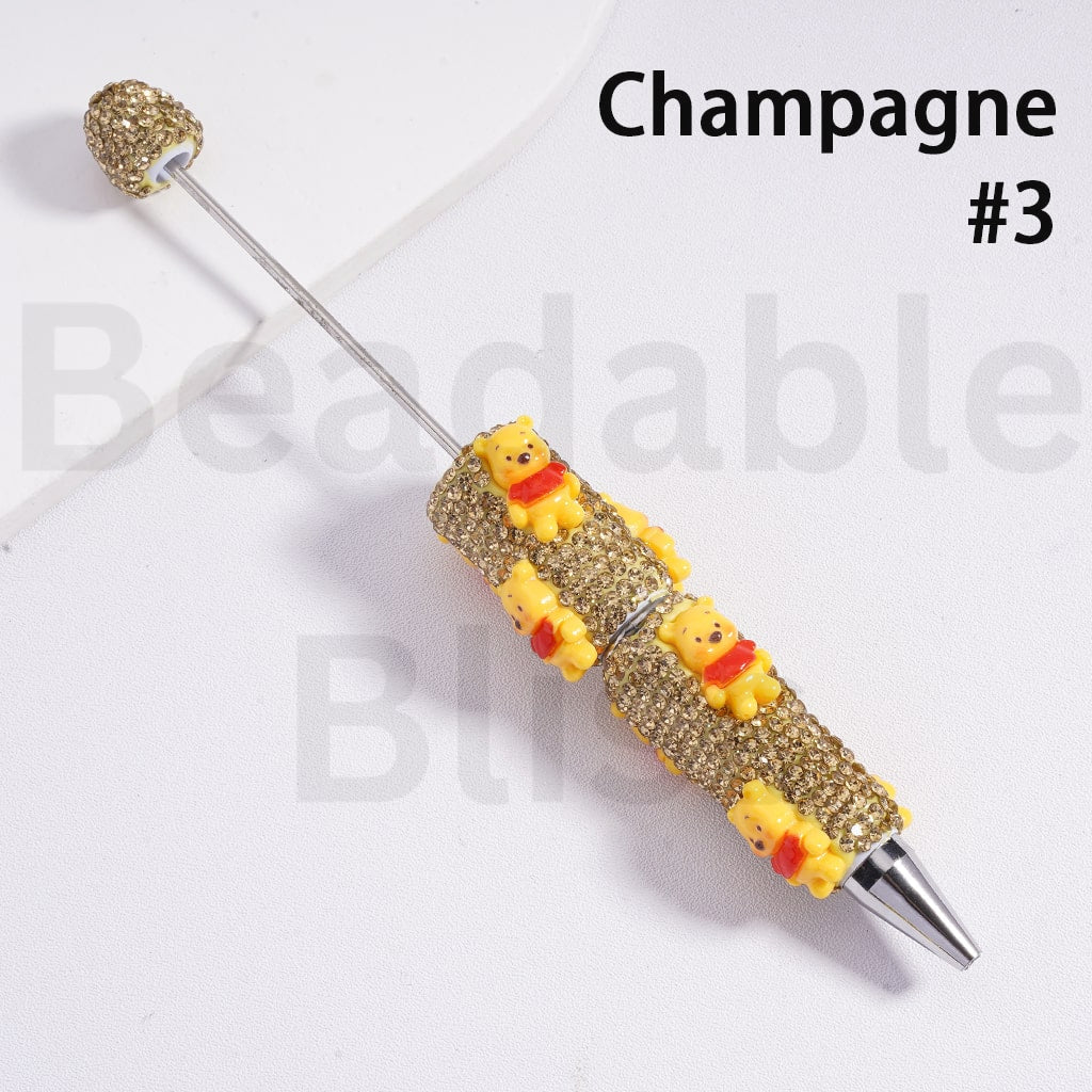 Beadable Clay Pens with Shiny Gold & Champagne Color Rhinestones Cute Honey Bear Bee Hunny Pot Flower