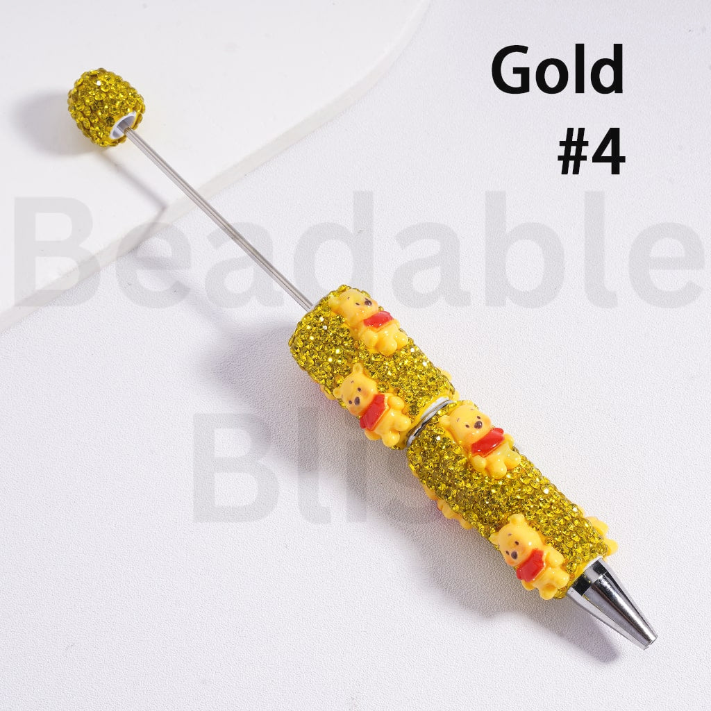 Beadable Clay Pens with Shiny Gold & Champagne Color Rhinestones Cute Honey Bear Bee Hunny Pot Flower