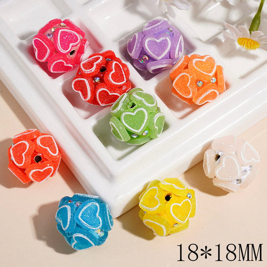 Glitter White Heart Borders & AB Rhinestones, Clay Beads Round 18*18MM, Macaron Color Random Mix