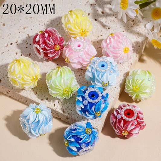UV Coated Flower Swirl Hand-Made Acrylic Beads with White Pearl Trim & ellow & White Half-Shell Pearl, 20*20MM, Multi-Color Random Mix