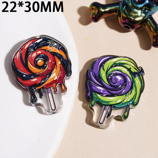 Halloween Swirl Lollipop Candy Series Acrylic Beads, Dripping Candy, Spider, Bat & Pumpkin Design, 22*30MM, Assorted Colors, Random Mix