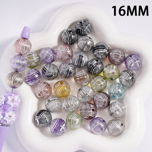Silver Striped Multi-Color Round Acrylic Beads 16mm Random Mix